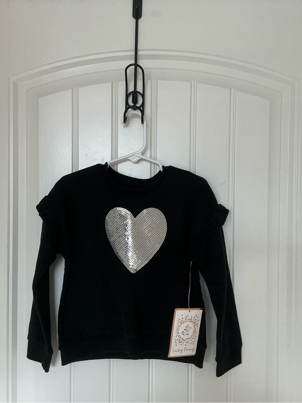 Lucky Penny Black Size 4 Sequin Heart Ruffle Detail Cute Casual Long Sleeve Top